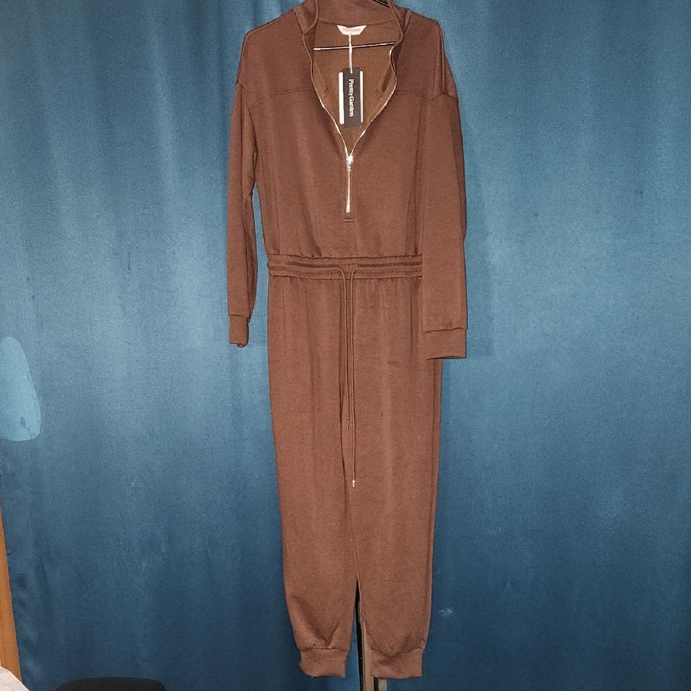 PrettyGarden Brown Zip-Front Jumpsuit